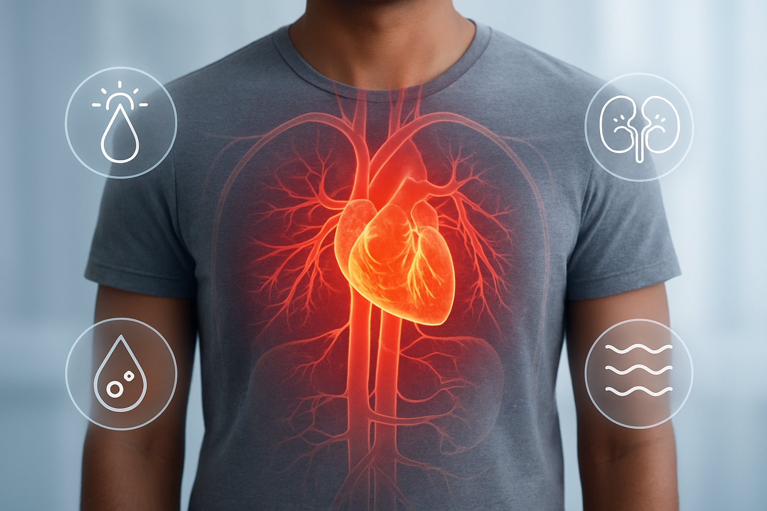v2-139swo-5w0jr - Preventive Medicine Daily Close-up of an adult human torso with highlighted blood vessels and medical icons illustrating effects of high albumin in the blood.