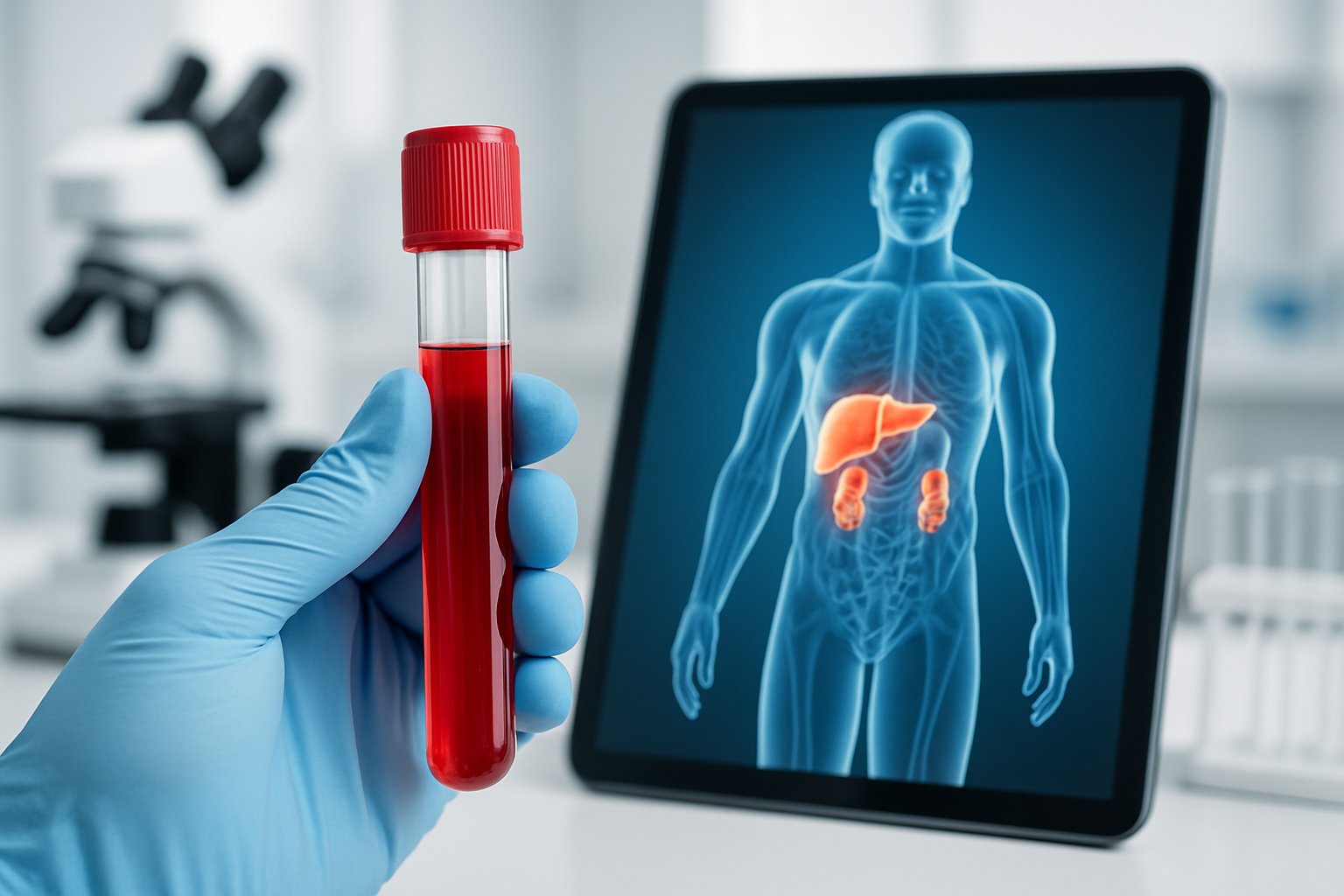 v2-139sxq-6uool - Preventive Medicine Daily A close-up of a blood sample vial held by a gloved hand in a lab, with medical equipment and a digital tablet showing a human body illustration in the background.