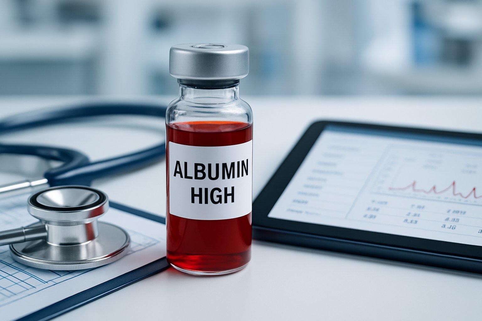 high albumin - Preventive Medicine Daily Close-up of a blood vial on a medical table with a stethoscope, clipboard, and digital tablet showing blood test data in a laboratory setting.