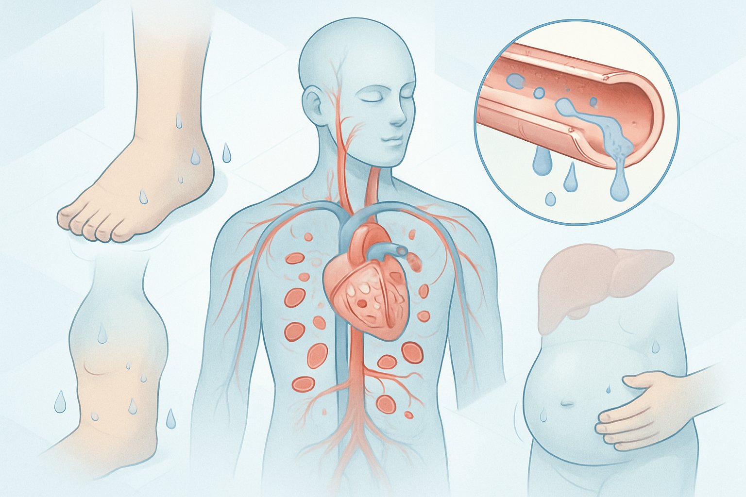 low albumin in blood - Preventive Medicine Daily A human figure showing blood vessels with fluid leaking into surrounding tissues, swollen legs and abdomen, and a faint liver outline to represent effects of low albumin in the blood.