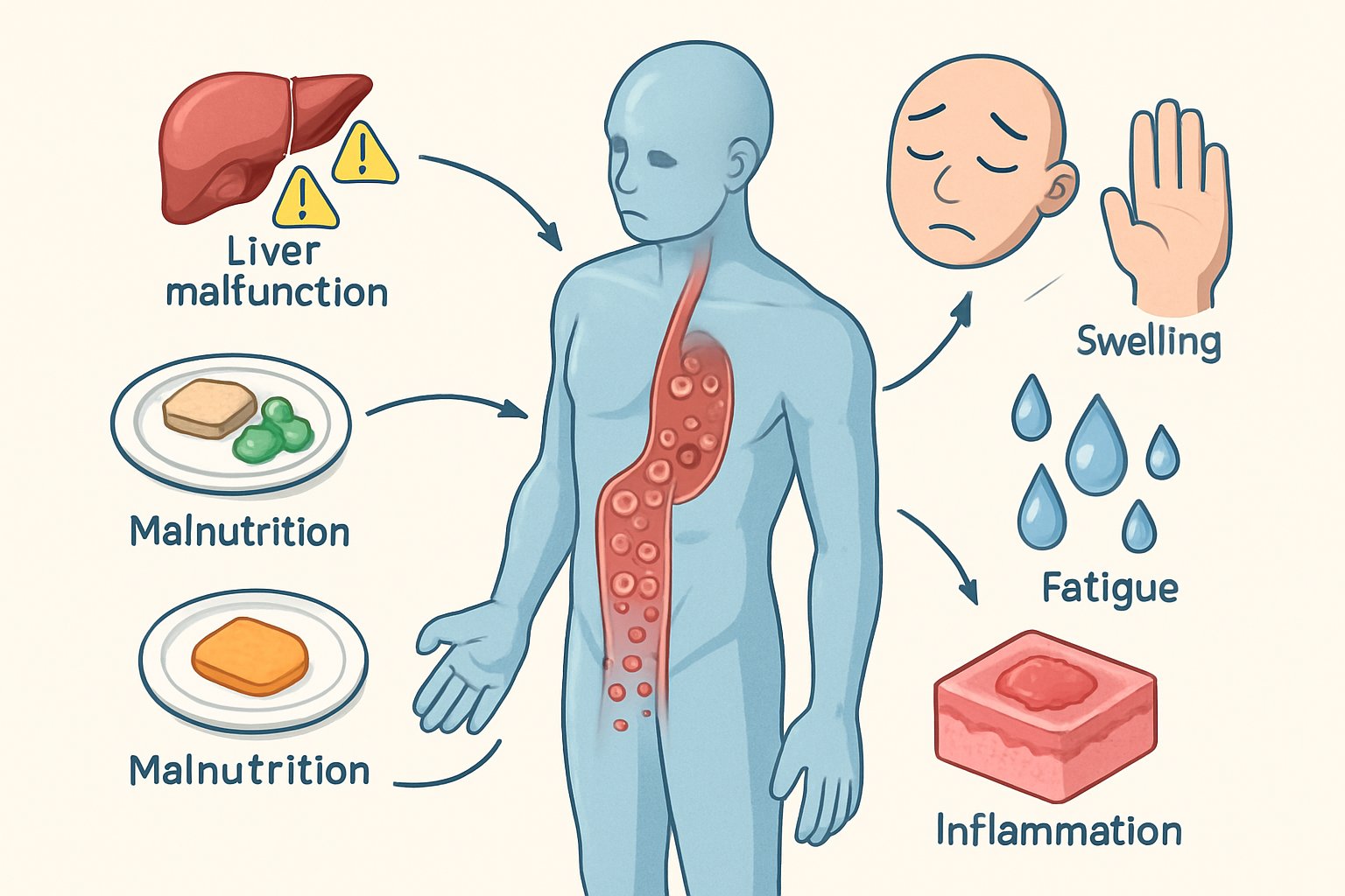 v2-139za9-zhgph - Preventive Medicine Daily An isometric illustration showing a human body with highlighted bloodstream and icons representing causes of low albumin like liver and kidney issues, malnutrition, and inflammation, along with effects such as swelling and fatigue.