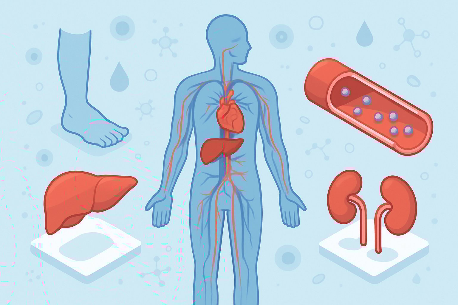 v2-139zb6-lnl0k - Preventive Medicine Daily An isometric illustration of a human body showing effects of low blood albumin, including swollen limbs, liver, kidneys, and blood vessels with fewer albumin molecules.