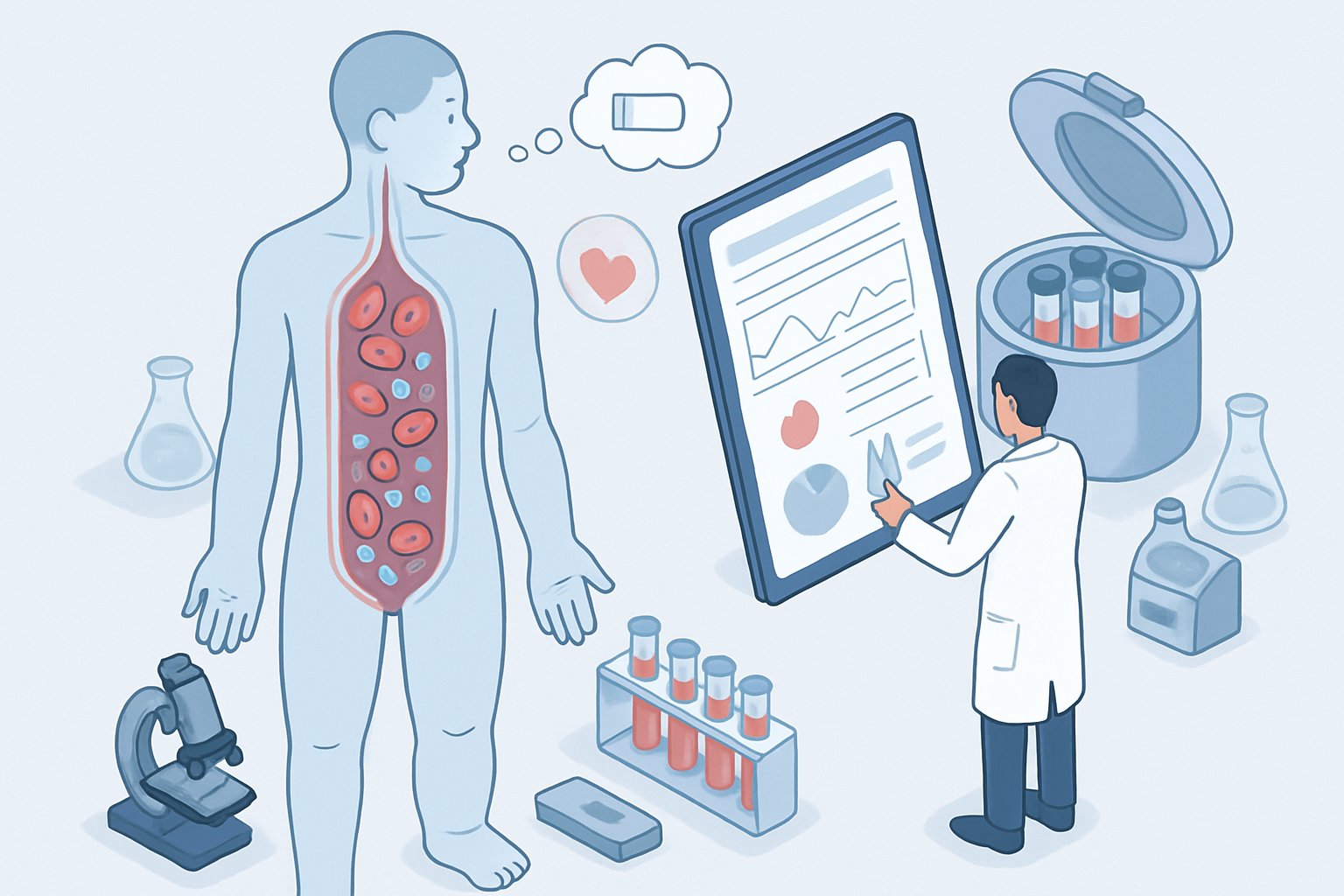 v2-139zby-hf97v - Preventive Medicine Daily An isometric illustration showing a human body with highlighted bloodstream, a medical professional examining blood test results, and medical equipment representing diagnosis of low albumin effects.