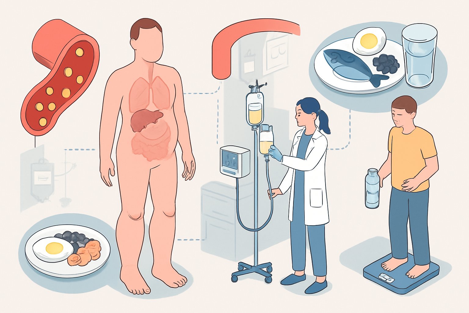 v2-139zct-szfx4 - Preventive Medicine Daily An isometric illustration showing a human body with swollen legs and abdomen, blood vessels with fewer albumin molecules, a healthcare worker giving an IV treatment, and nearby healthy foods and monitoring equipment representing treatment for low blood albumin.