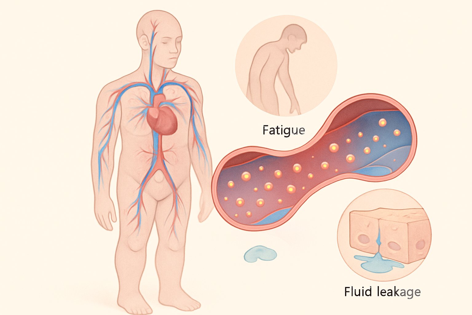 v2-139zdn-c0kjk - Preventive Medicine Daily A human figure showing veins and arteries with reduced protein particles in the blood and signs of swelling in the legs and abdomen.