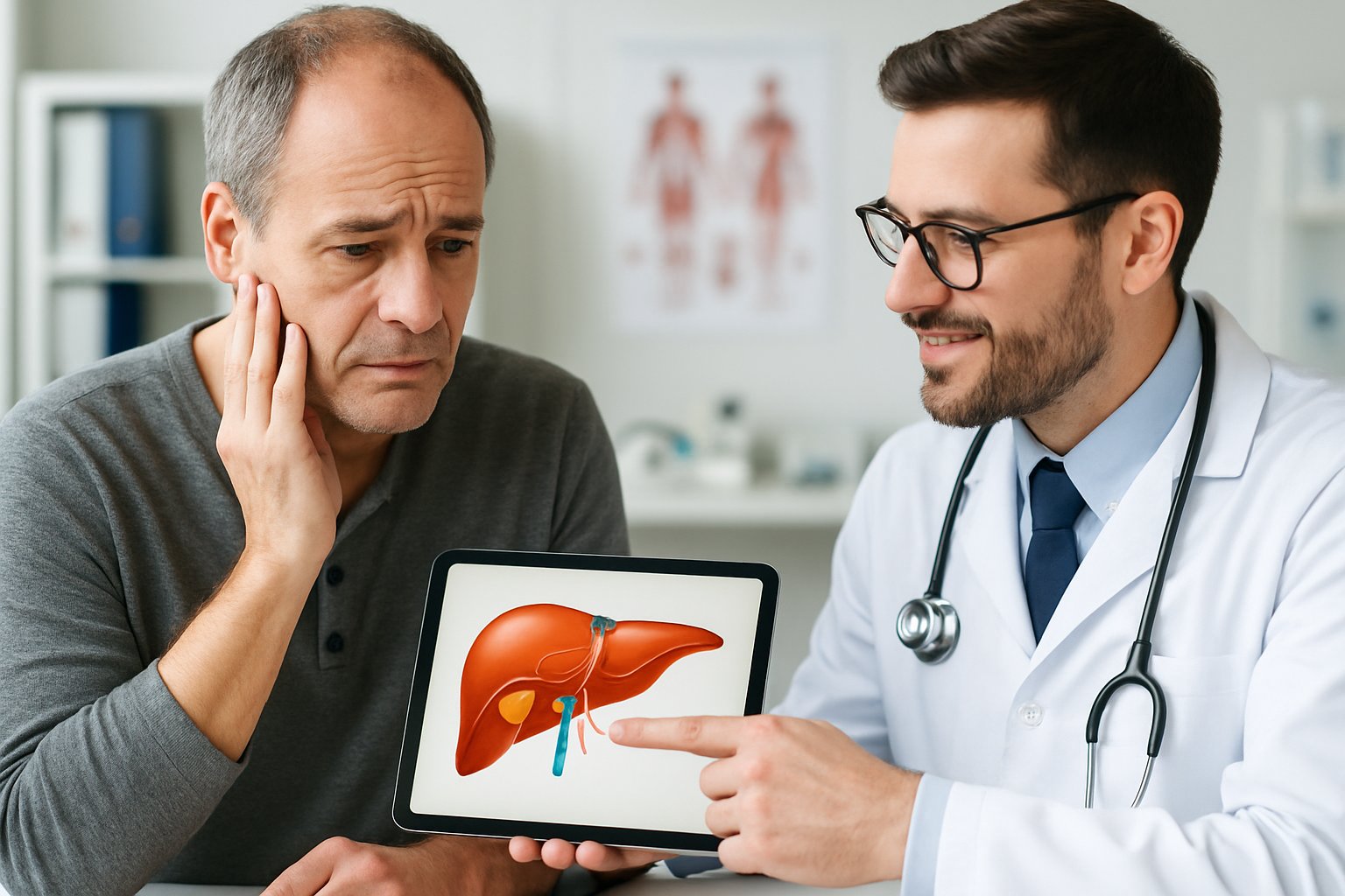 v2-13a198-xvv3o - Preventive Medicine Daily A man consulting a doctor in a medical office as the doctor explains liver test results using a digital tablet.