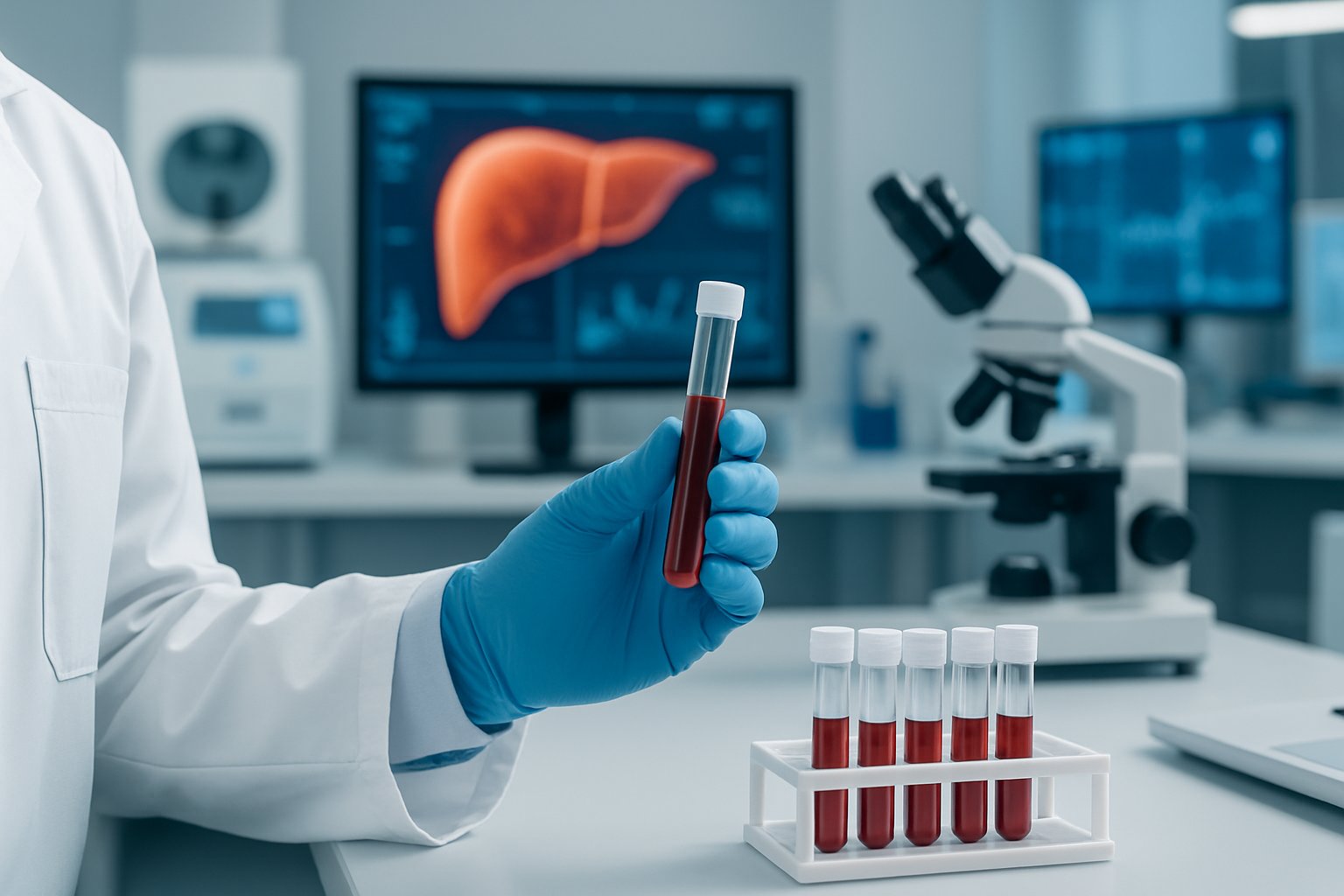 high GGT - Preventive Medicine Daily A healthcare professional in a lab coat holding a blood sample tube in a medical laboratory with lab equipment in the background.
