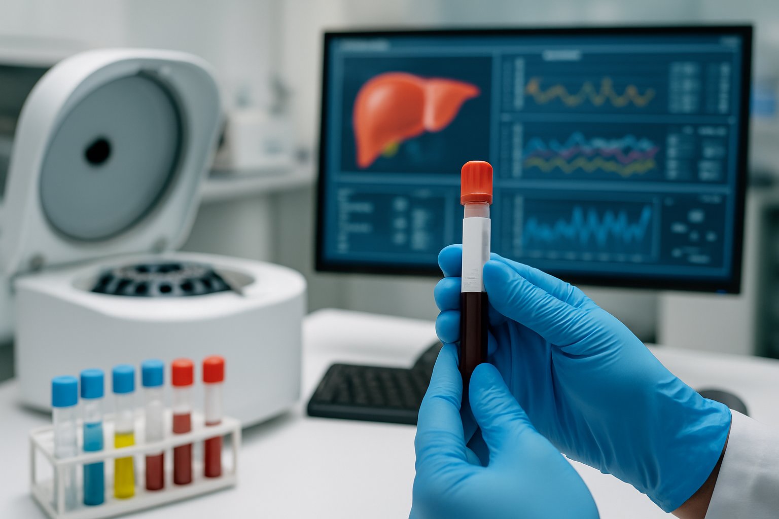 v2-13a1bn-gnkqa - Preventive Medicine Daily A healthcare professional holding a blood sample vial in a medical laboratory with lab equipment and a computer displaying data in the background.