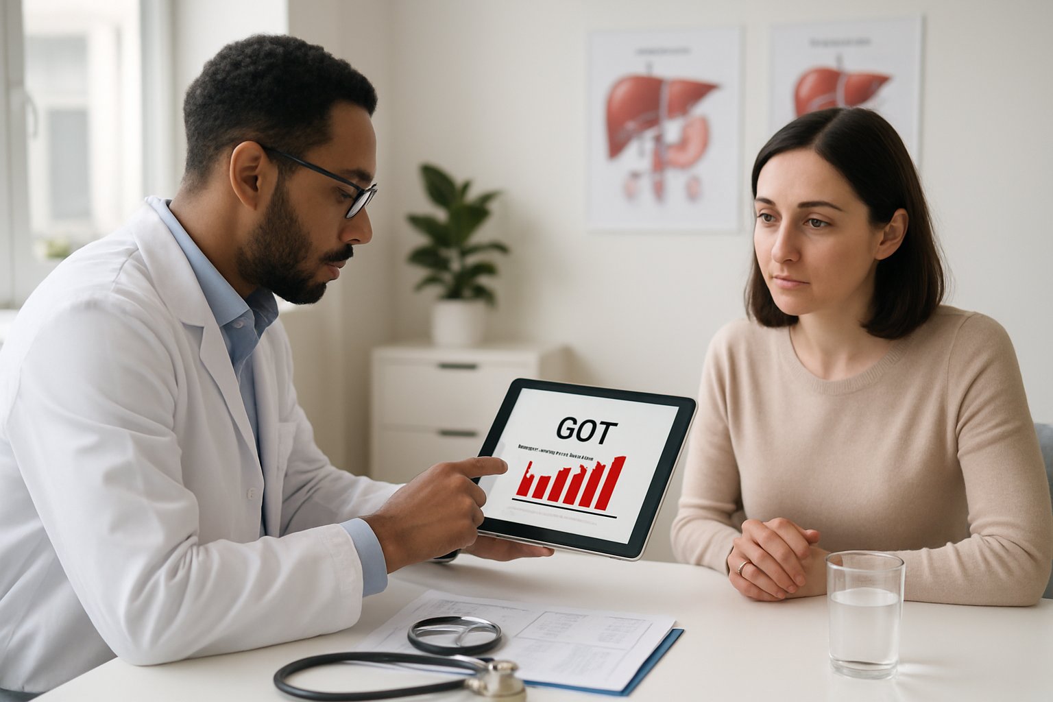 v2-13a1dx-u1zao - Preventive Medicine Daily A doctor in a white coat discusses blood test results with a concerned patient in a modern medical office.