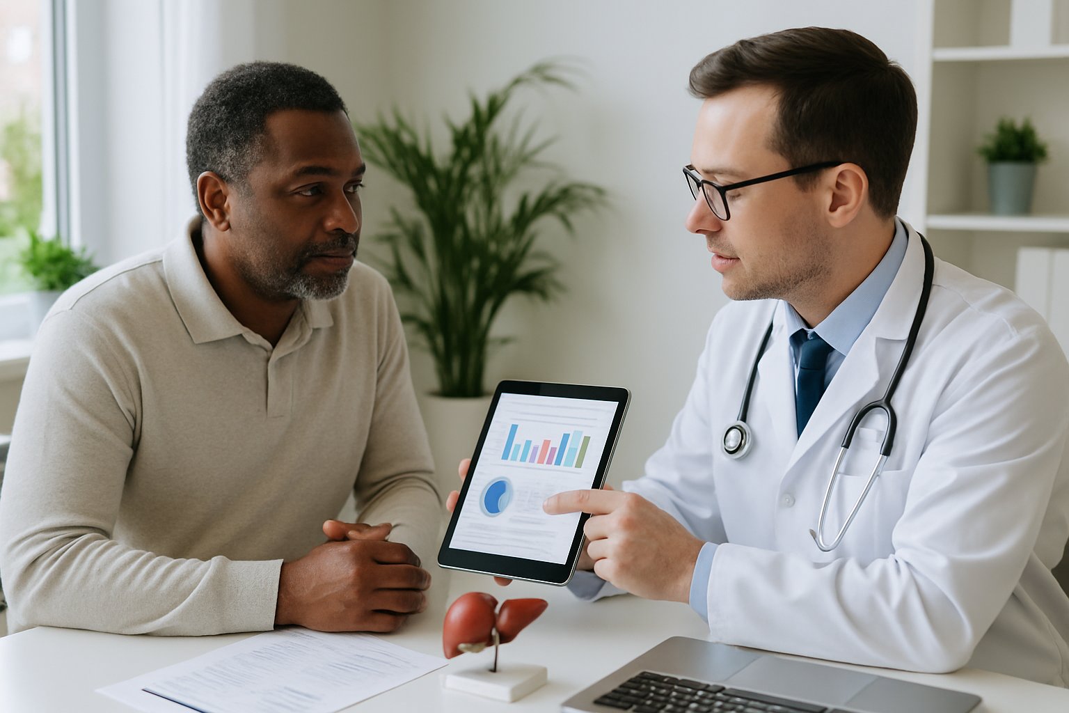 v2-13a1ev-xq9md - Preventive Medicine Daily A doctor explains medical results to a patient in a bright office with medical charts and a liver model on the desk.