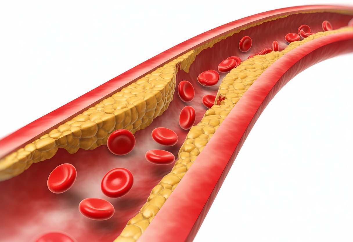 v2-13a5f8-r6awf - Preventive Medicine Daily Cross-section of a human artery showing buildup of yellowish plaques narrowing the artery and red blood cells flowing through.