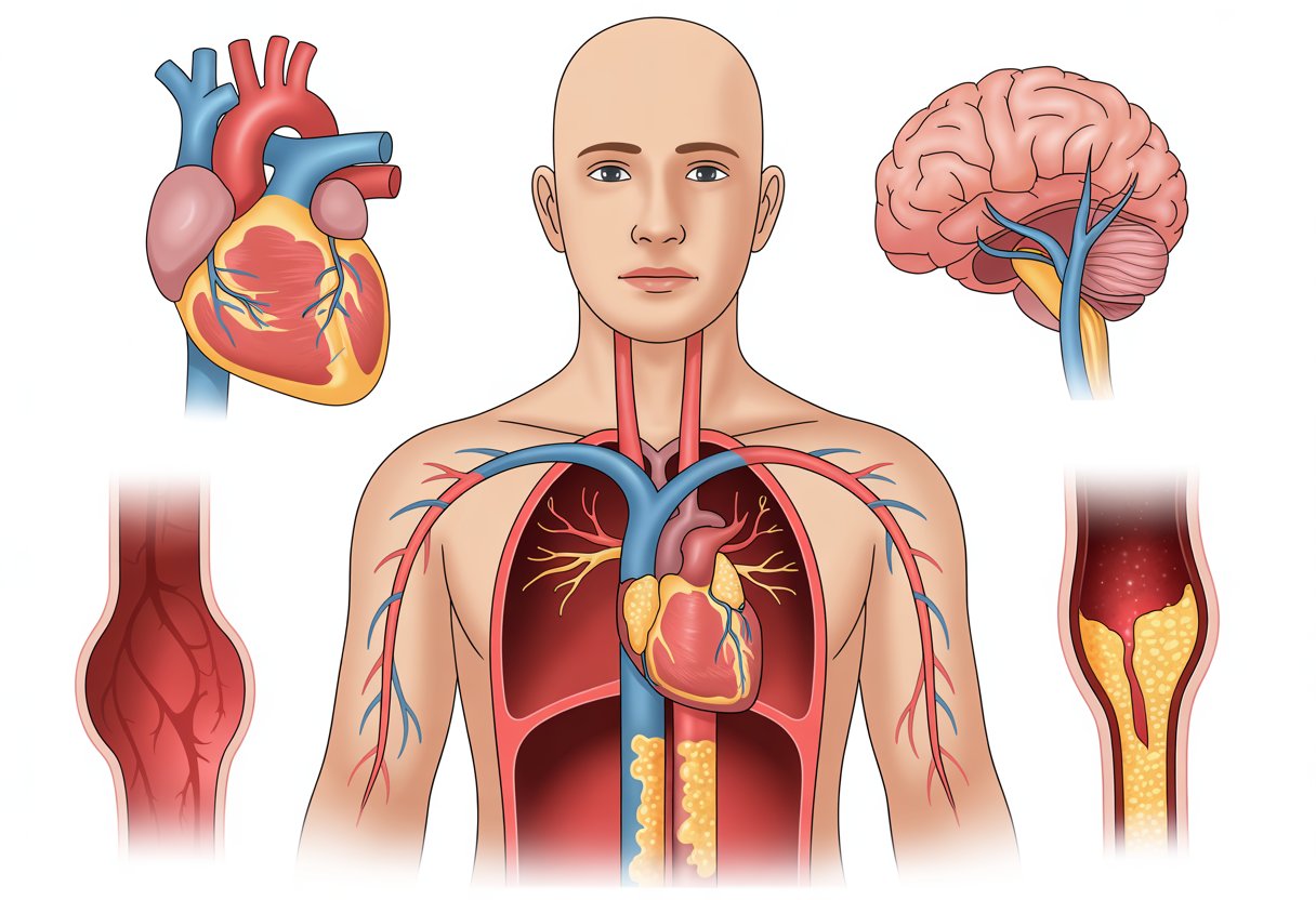 v2-13a5g6-9aaty - Preventive Medicine Daily A human torso showing arteries with cholesterol plaque buildup and illustrations of heart strain, stroke, and blood vessel blockage.