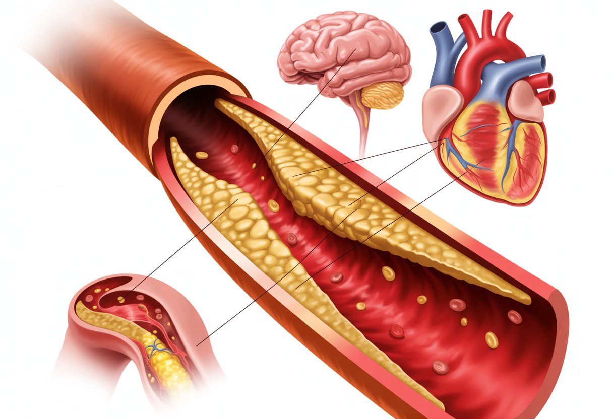 v2-13a5gz-9hb79 - Preventive Medicine Daily Cross-sectional view of a human artery with plaque buildup and smaller illustrations of a heart, brain, and blood vessels showing damage caused by high LDL cholesterol.