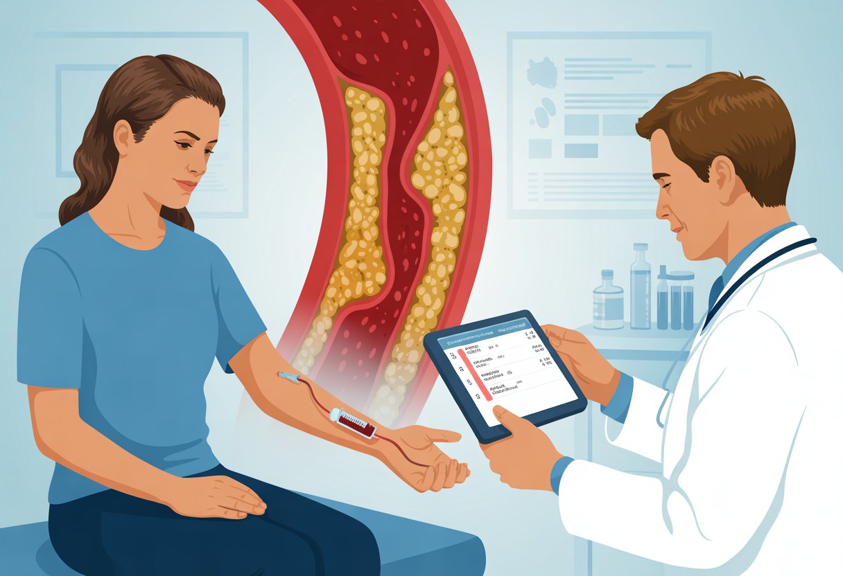 v2-13a5j2-cd4ju - Preventive Medicine Daily A doctor reviews blood test results while a nurse draws blood from a patient, with a detailed cross-section of an artery showing cholesterol buildup in the background.
