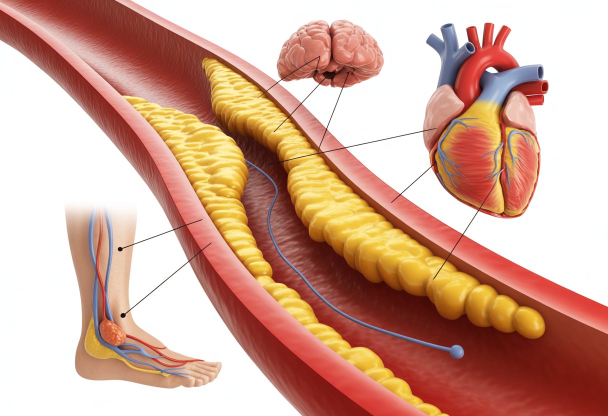 v2-13a5lb-1d7s9 - Preventive Medicine Daily Cross-sectional view of a human artery clogged with plaque, surrounded by illustrations of a heart, brain, and leg showing effects of poor blood flow.