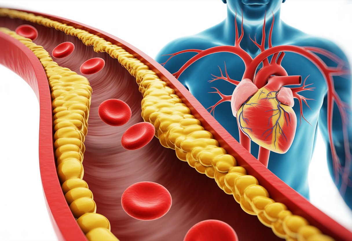 LDL cholesterol high - Preventive Medicine Daily Cross-section of an artery showing yellow plaque buildup narrowing the passage, with red blood cells flowing and a human heart connected by arteries.