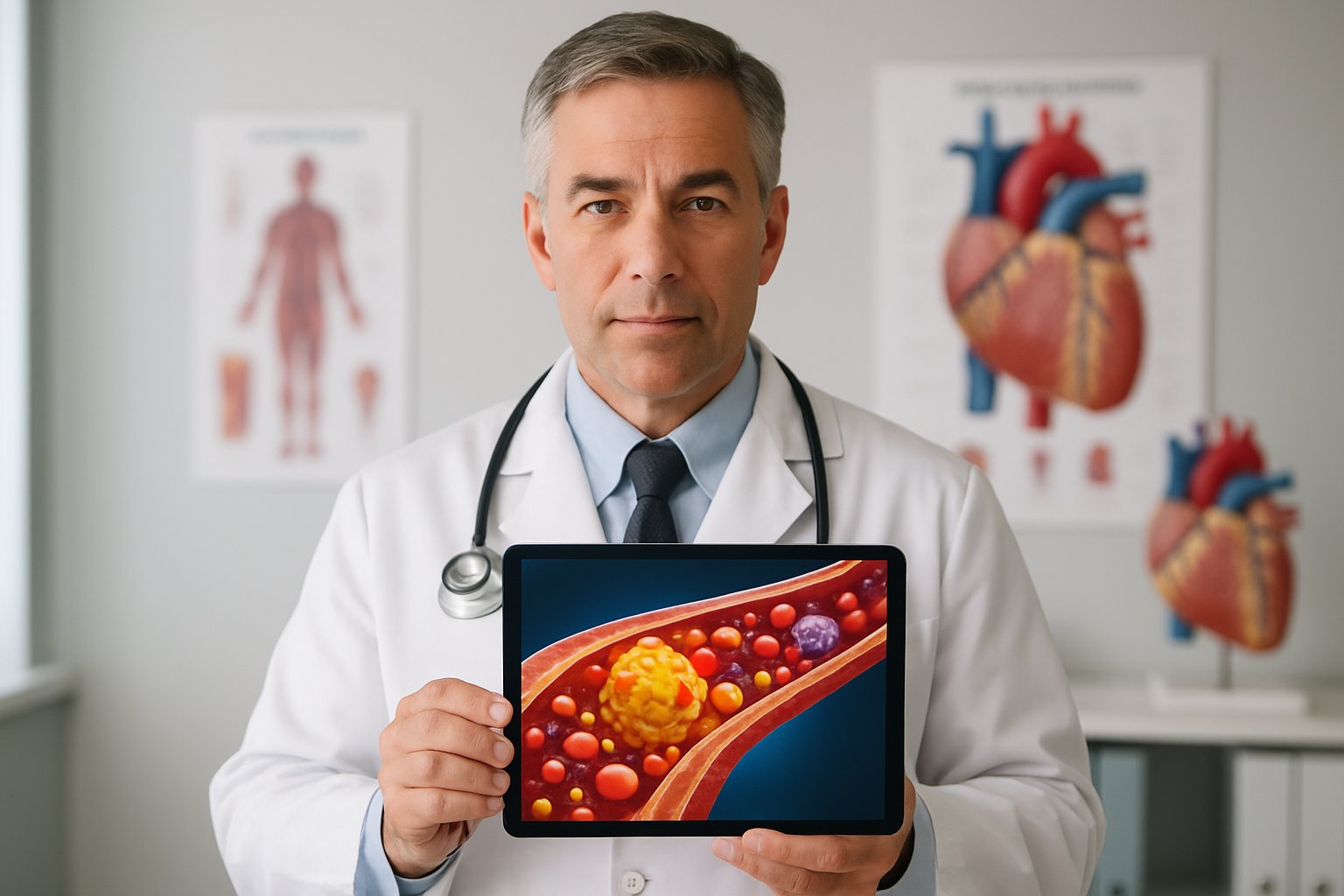 v2-13a685-drn1g - Preventive Medicine Daily A doctor in a white lab coat holding a tablet showing cholesterol molecules in a medical office.