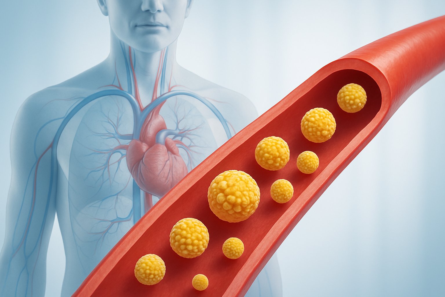 v2-13a68w-4n80h - Preventive Medicine Daily 3D illustration of a human torso showing blood vessels with small LDL cholesterol particles flowing through them.
