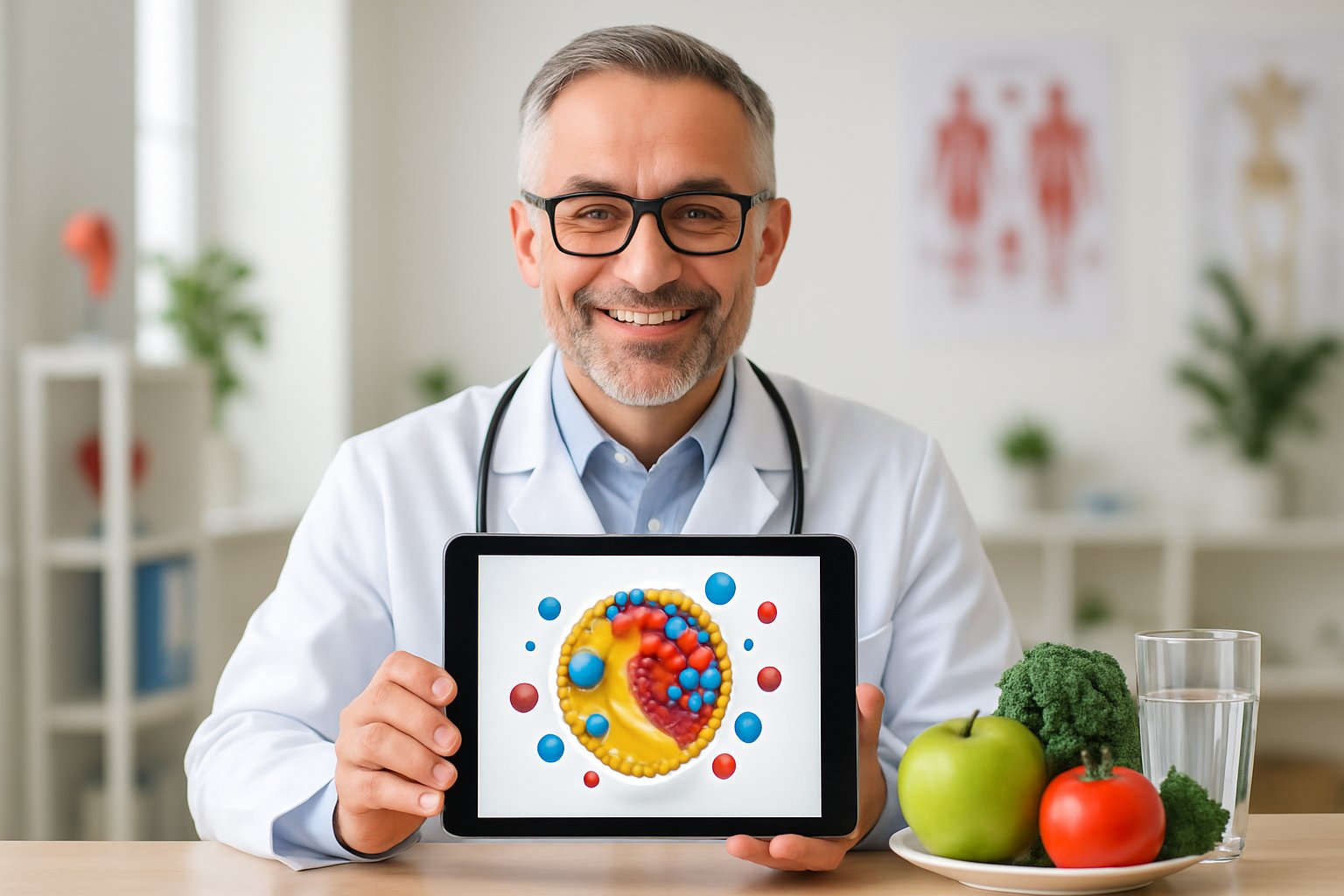 low LDL cholesterol - Preventive Medicine Daily A doctor holding a tablet showing cholesterol molecules with healthy fruits and vegetables on a table in a medical office.