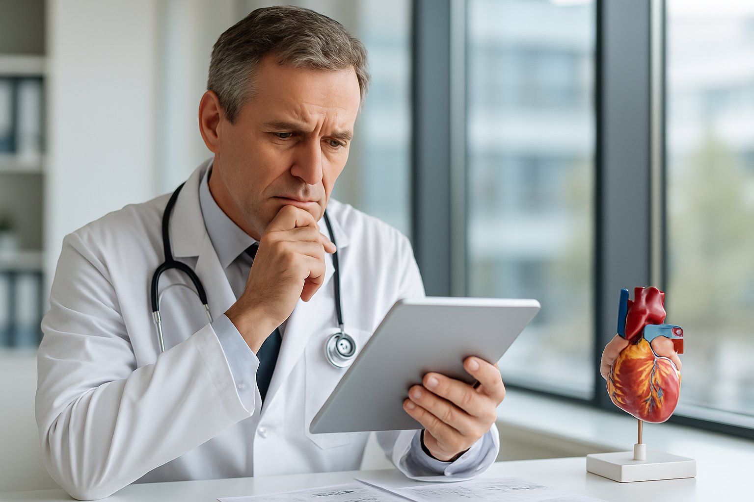 v2-13a6am-hc42a - Preventive Medicine Daily A doctor in a white coat examines a tablet in a medical office with charts and a heart model on the desk.