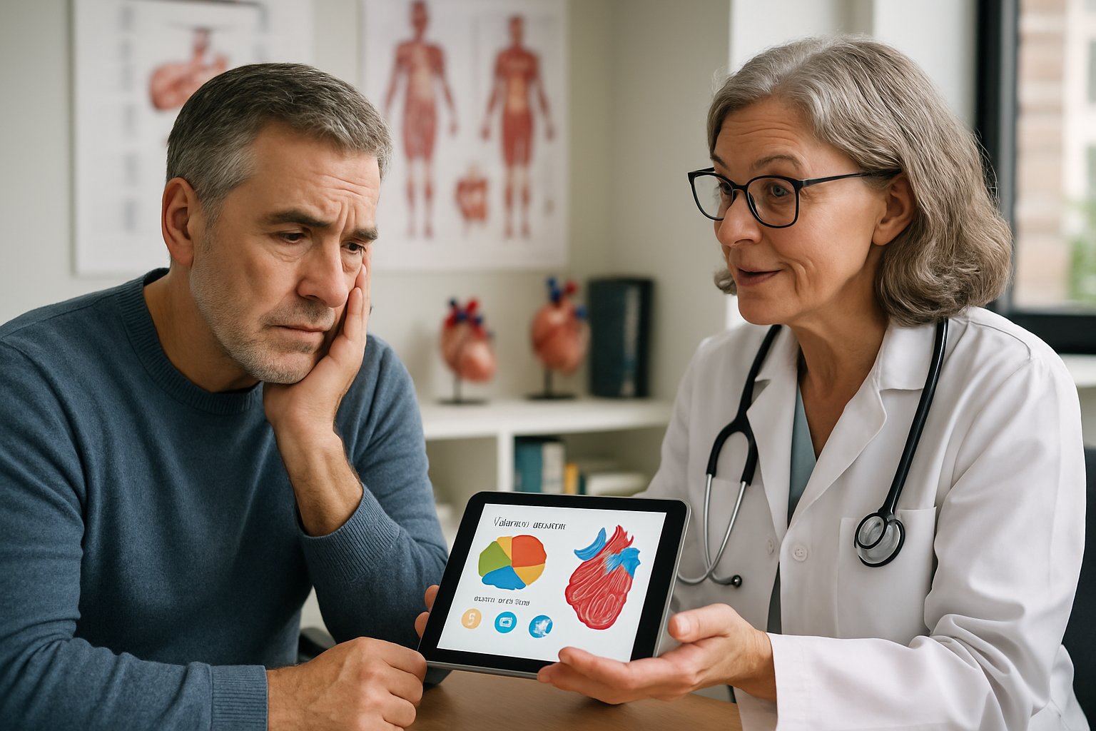 v2-13a6bj-3wvdp - Preventive Medicine Daily A man consulting with a female doctor in a medical office, discussing health information on a tablet.