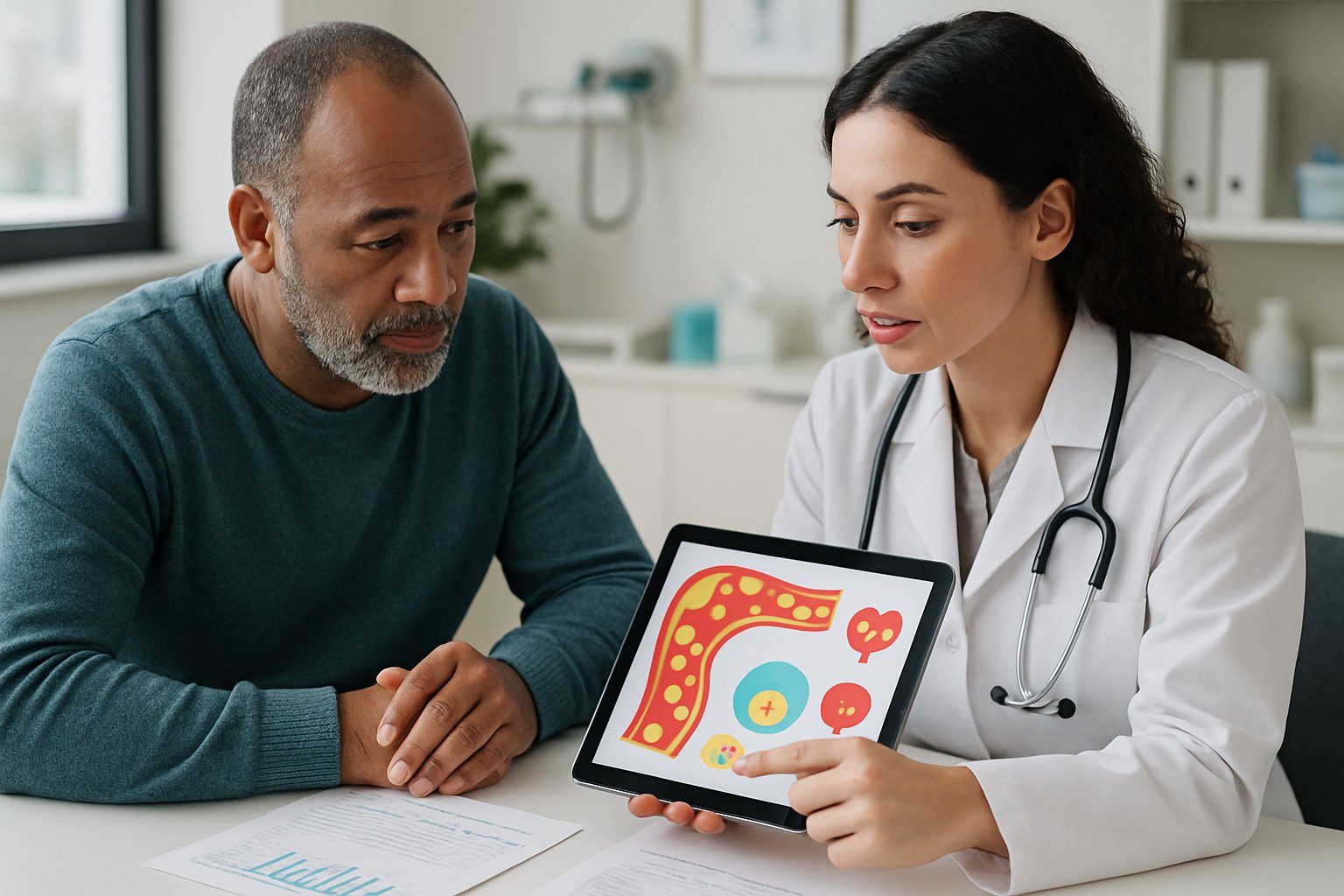 v2-13a6da-9f5ec - Preventive Medicine Daily A doctor and patient discussing cholesterol health with medical graphics on a tablet in a clinic.
