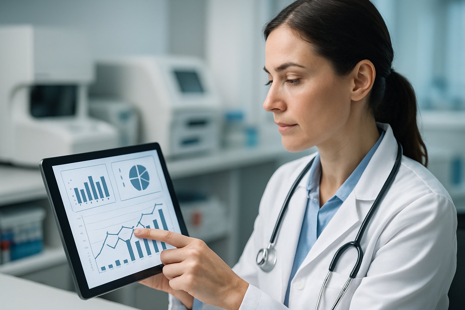 v2-13a6e7-bce0s - Preventive Medicine Daily A healthcare professional reviewing blood test results on a digital tablet in a modern medical clinic.