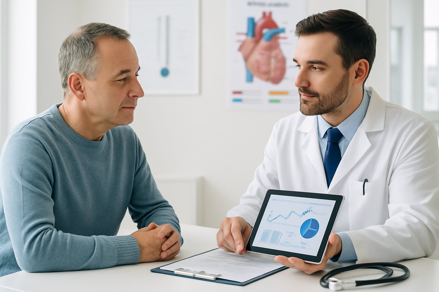 v2-13a6ey-8y8bs - Preventive Medicine Daily A doctor consulting with a patient in a medical office, reviewing cholesterol data on a tablet.