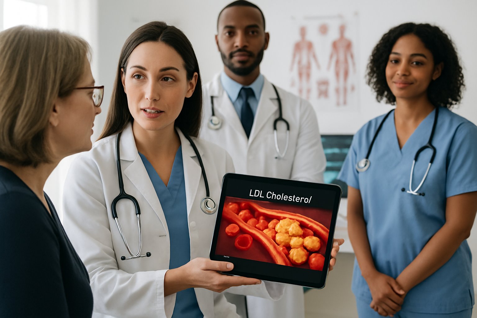 v2-13a6ft-azatn - Preventive Medicine Daily A doctor showing a patient a digital tablet with a 3D illustration of cholesterol molecules in a modern medical office.