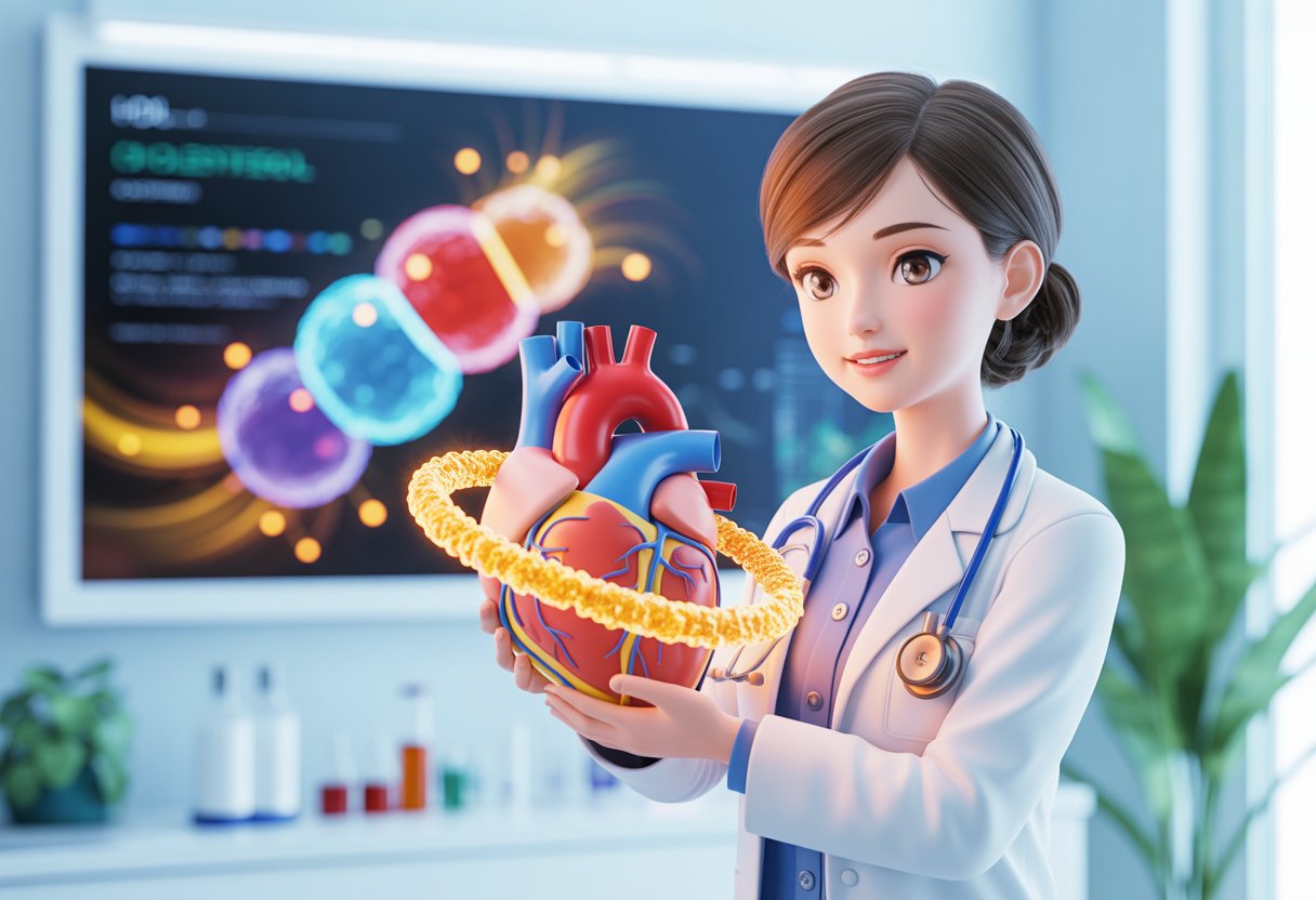 v2-13a6uq-3g9xy - Preventive Medicine Daily A female doctor holding a glowing heart model with golden particles swirling around it in a bright medical clinic.
