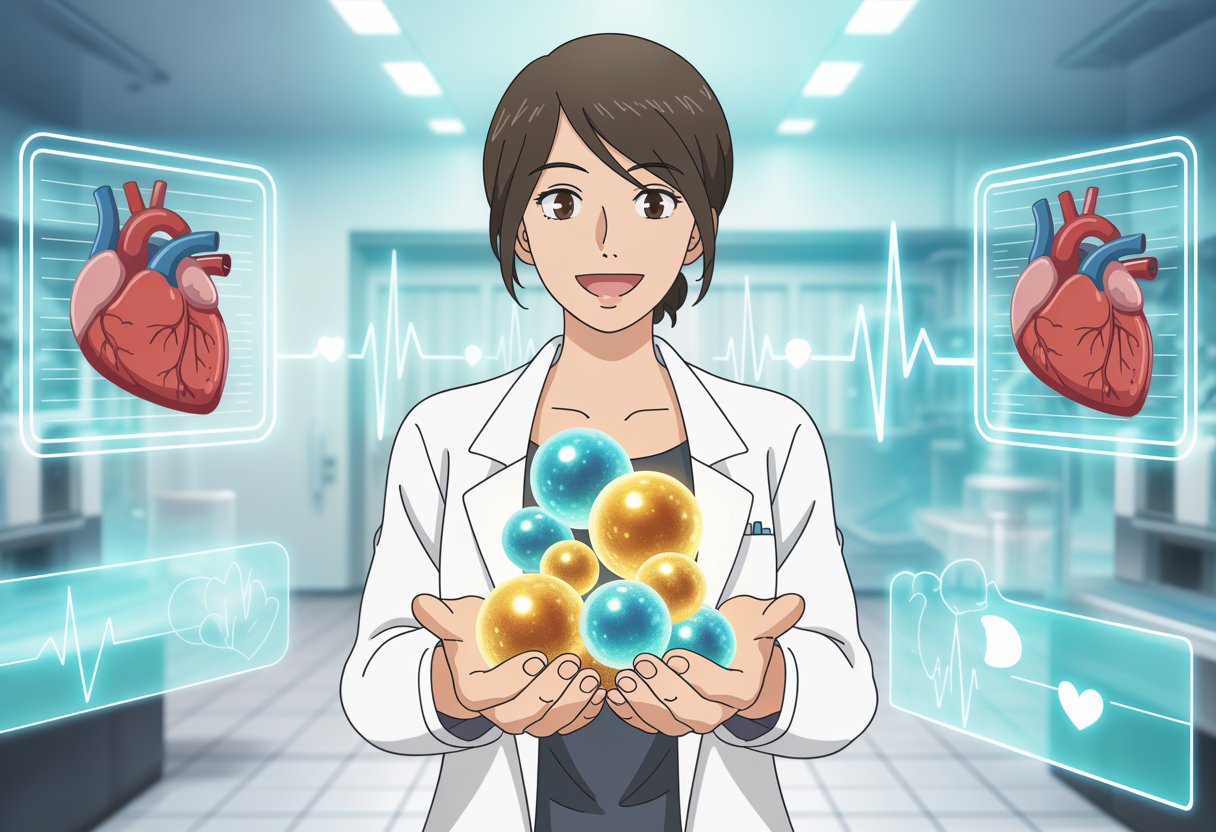 v2-13a6vn-tqm5w - Preventive Medicine Daily A smiling female scientist in a lab coat holding glowing blue and gold orbs representing good cholesterol, with heart and blood vessel diagrams displayed around her.