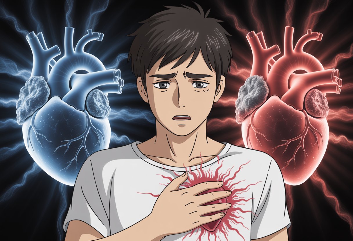 v2-13a6xc-sl8ir - Preventive Medicine Daily A young person looks worried, holding their chest with glowing blue particles swirling around their heart.