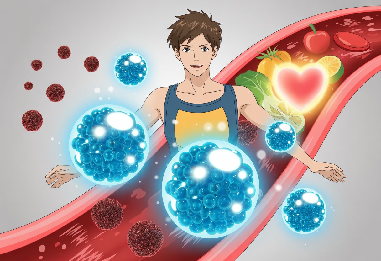 v2-13a6ya-9hg7j - Preventive Medicine Daily A young person surrounded by glowing blue orbs representing healthy cholesterol particles flowing through a bloodstream, with fruits and a glowing heart symbol in the background.