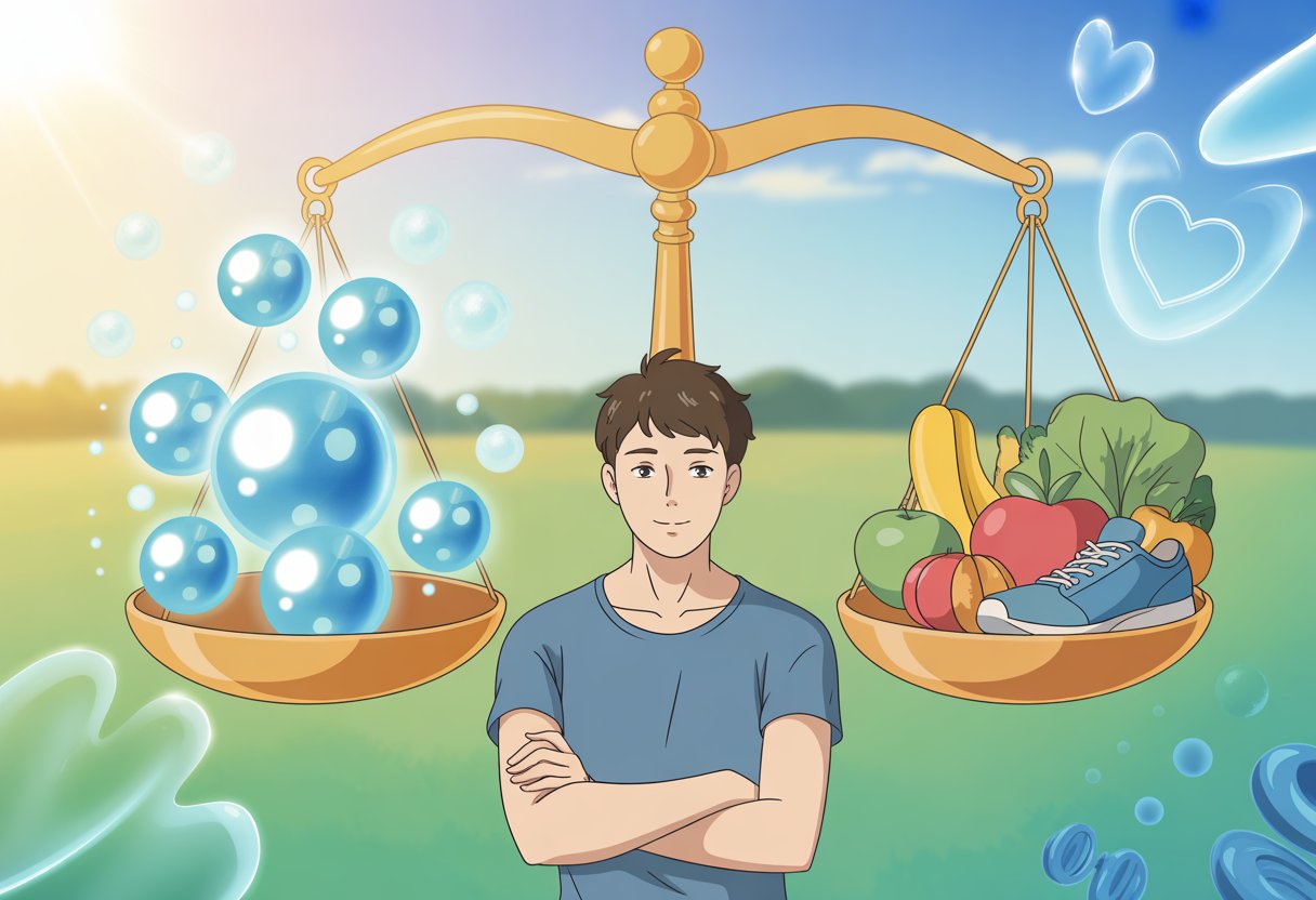 v2-13a6z5-e3h7e - Preventive Medicine Daily A person standing on a large balance scale with glowing blue orbs on one side and healthy lifestyle items on the other, surrounded by abstract heart and blood cell shapes under a bright sky.