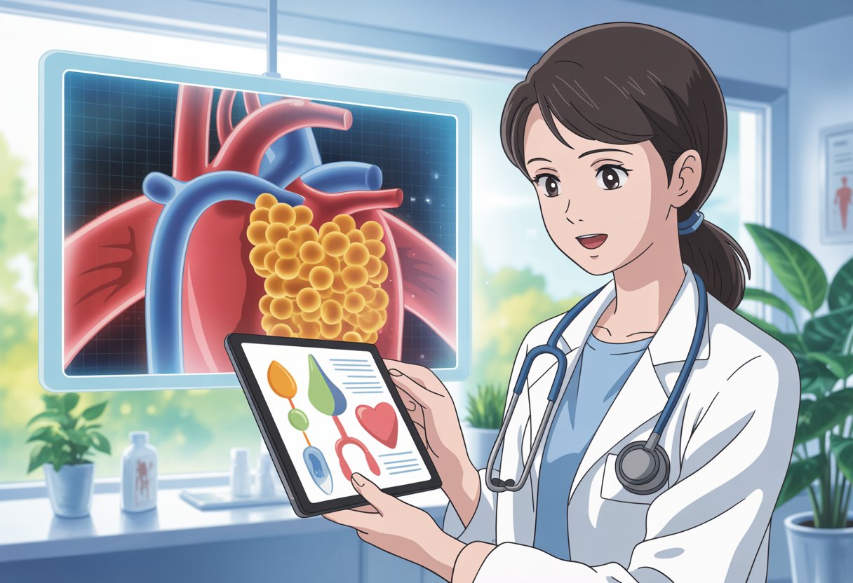 v2-13a703-23n2f - Preventive Medicine Daily A female doctor explains cholesterol management using a digital tablet and animated visuals of HDL cholesterol flowing through arteries in a bright clinic.