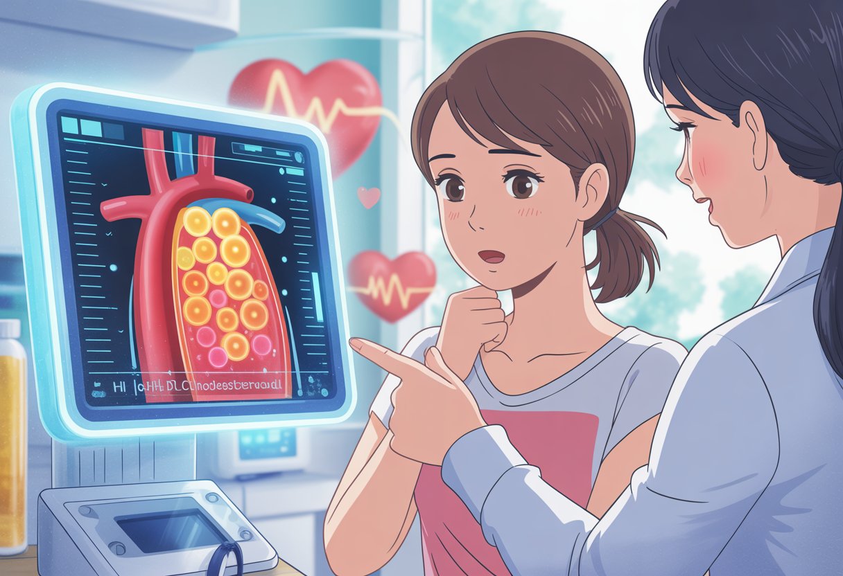 v2-13a70q-tucxt - Preventive Medicine Daily A young woman in a clinic looking at a digital display showing cholesterol molecules and arteries, with a healthcare professional explaining the information.