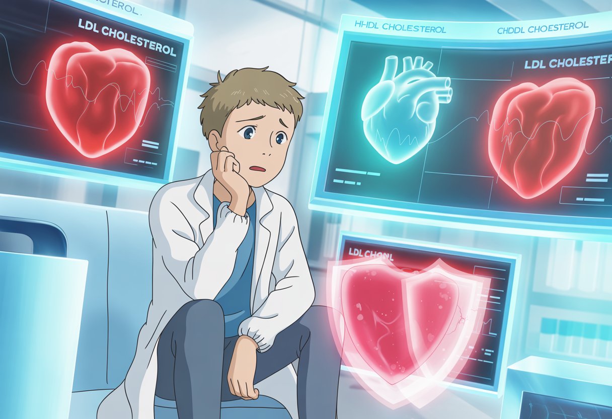low HDL cholesterol - Preventive Medicine Daily A young person in a futuristic lab looks thoughtfully at glowing symbols representing cholesterol and heart health.
