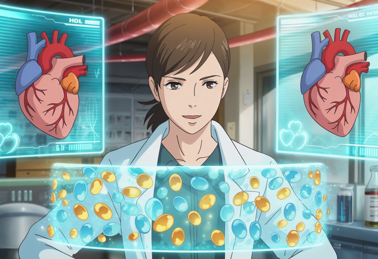 v2-13a80h-zwwja - Preventive Medicine Daily A young scientist studies glowing HDL cholesterol molecules in a high-tech lab with heart and blood vessel visuals around her.