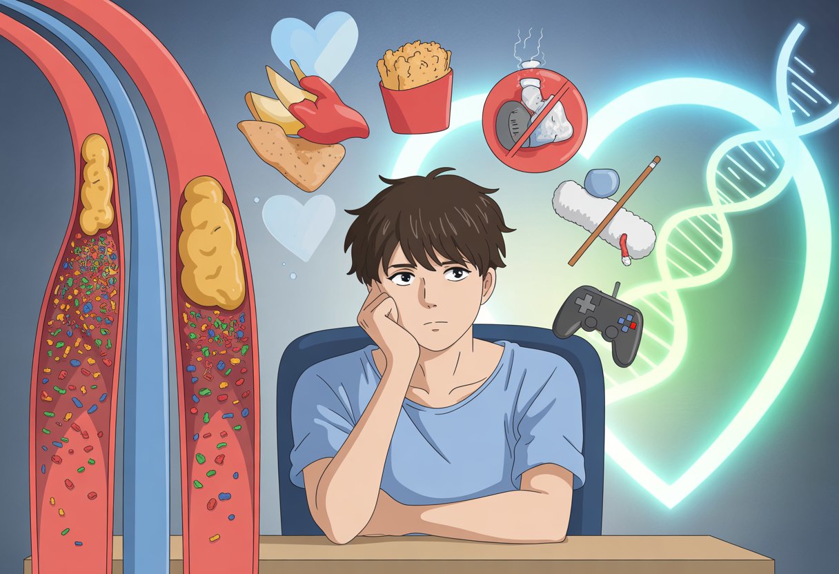 v2-13a82h-anacx - Preventive Medicine Daily A person sitting thoughtfully at a desk surrounded by symbolic images of arteries, unhealthy foods, exercise, smoking, and DNA strands representing causes and risks of low HDL cholesterol.