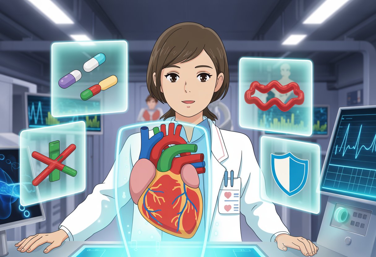 v2-13a83g-yt7m9 - Preventive Medicine Daily A female doctor examines a glowing holographic heart and blood vessels in a futuristic medical lab surrounded by floating panels showing medication molecules and health symbols.