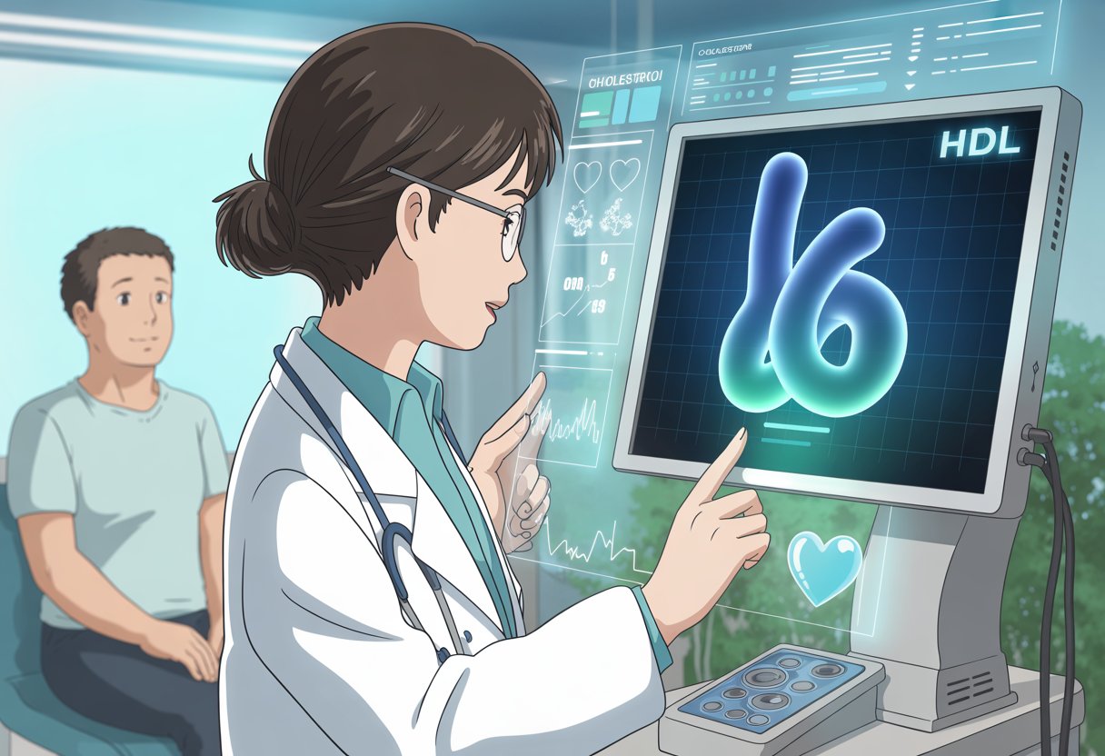 v2-13a84j-73iut - Preventive Medicine Daily A female doctor examines a digital monitor showing a glowing blue cholesterol symbol while a patient sits nearby in a clinic.