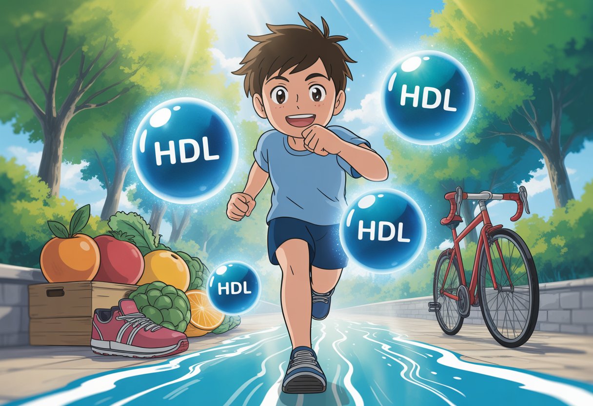v2-13a85i-l676m - Preventive Medicine Daily A young person jogging outdoors surrounded by glowing blue orbs and healthy lifestyle symbols like fruits, running shoes, and a river.
