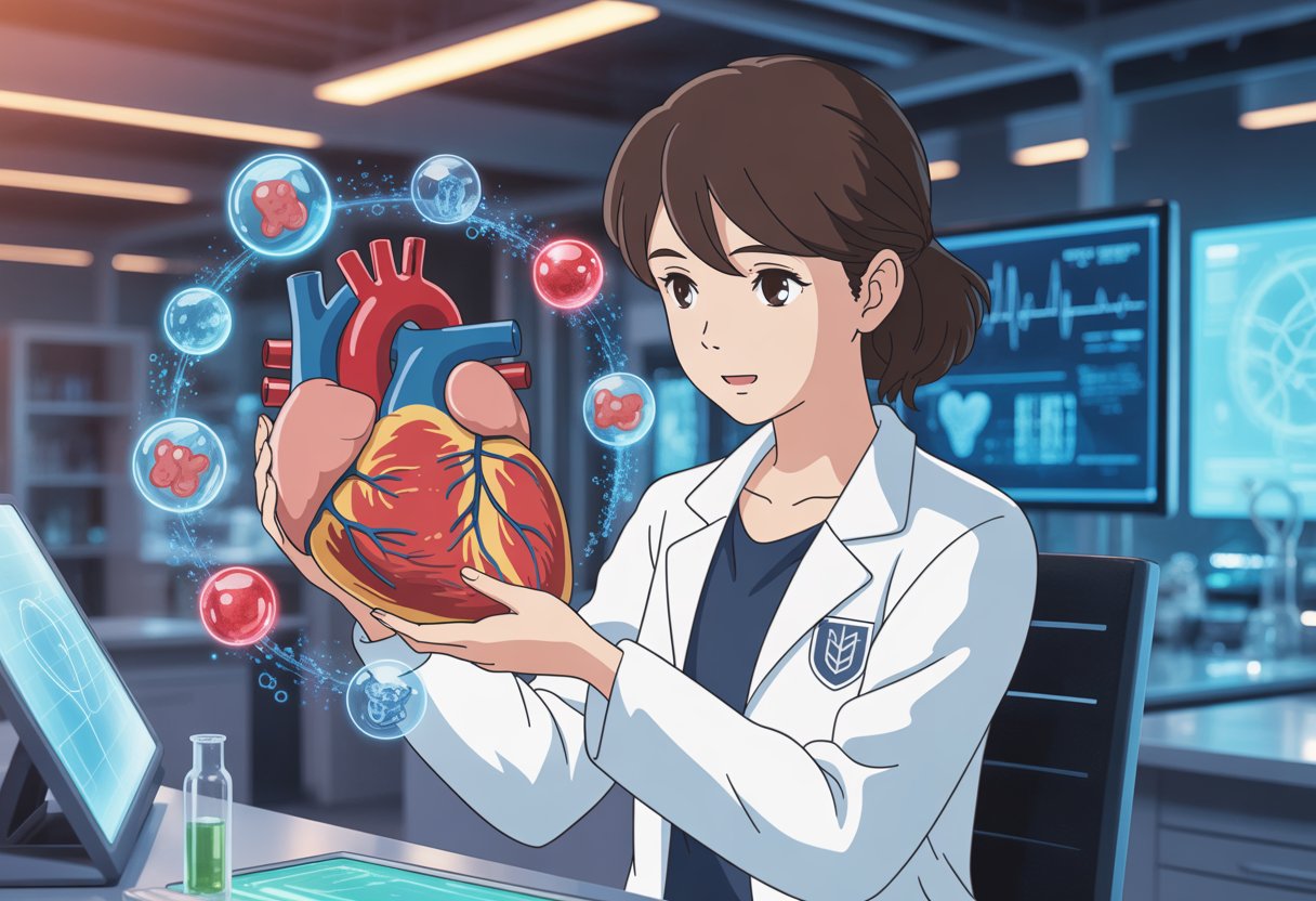 v2-13a86d-p0vq4 - Preventive Medicine Daily A young female scientist examining a glowing 3D model of a heart and blood vessels in a high-tech laboratory.