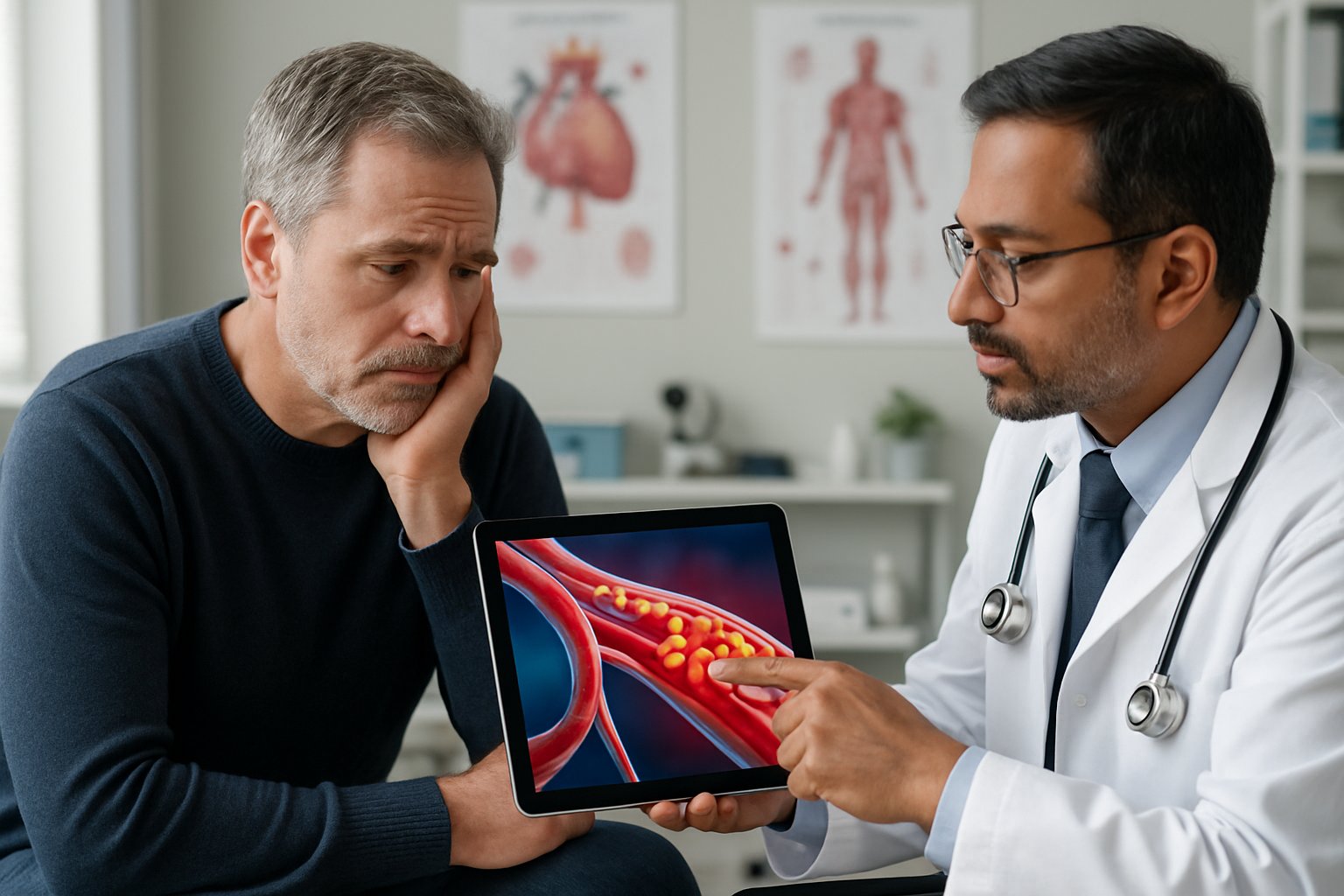 v2-13a9d8-hjmrd - Preventive Medicine Daily A man talks with a doctor in a medical office while looking at a tablet showing blood vessels with high triglycerides.