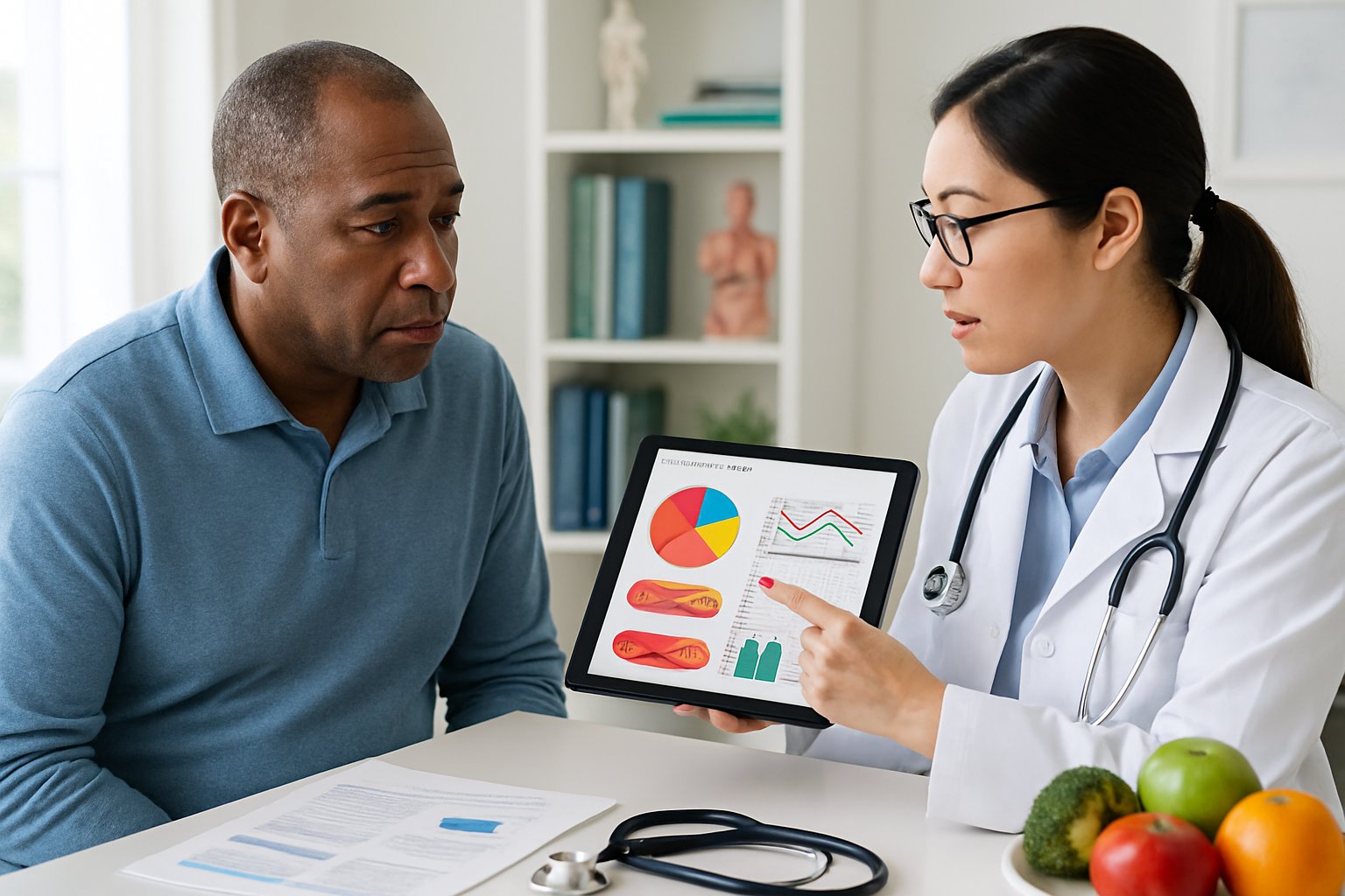 v2-13a9dv-zxgbt - Preventive Medicine Daily A doctor and patient discussing health information with charts on a tablet in a medical office.
