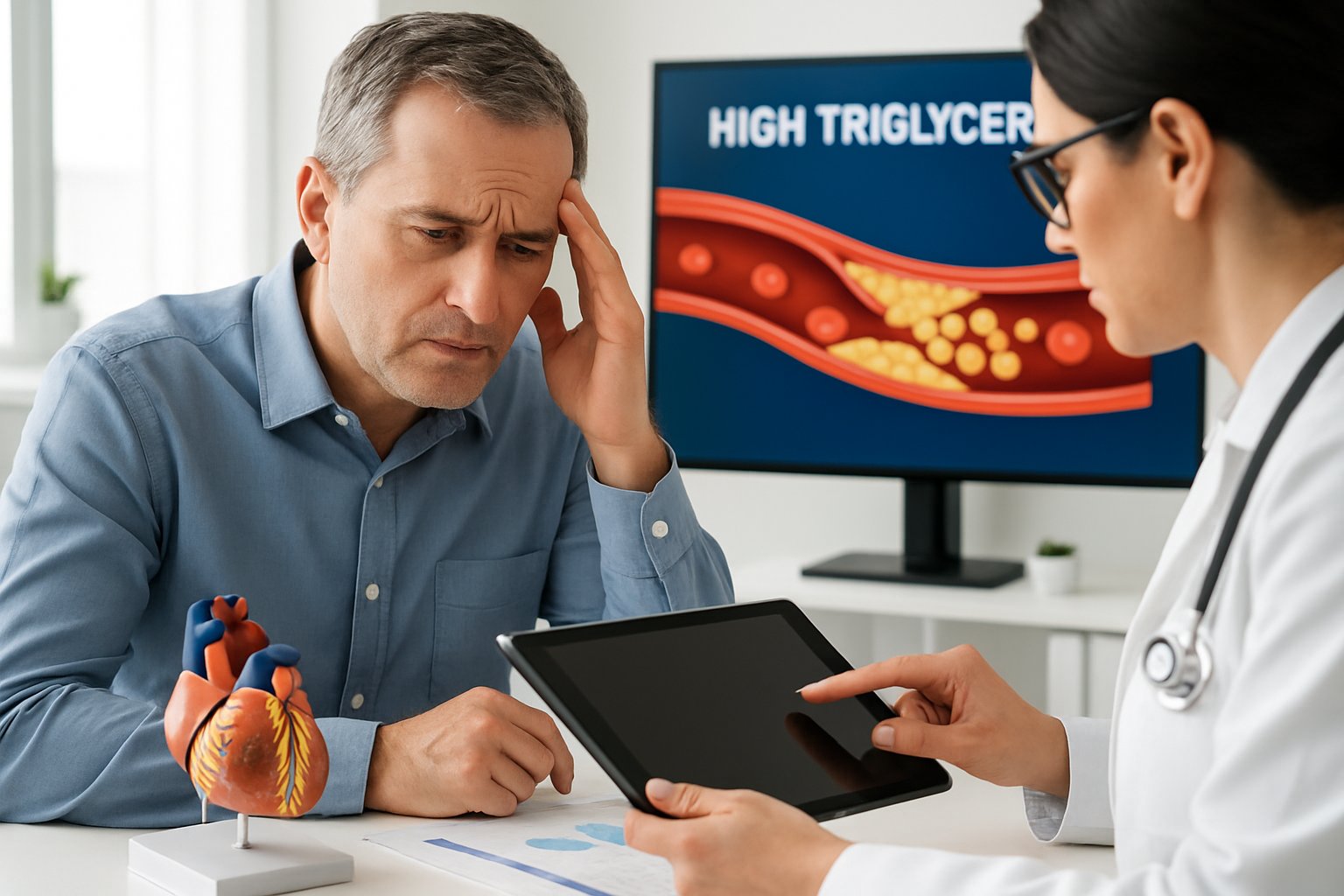 v2-13a9eq-9ussf - Preventive Medicine Daily A man talks with a doctor in a medical office with heart models and charts visible.