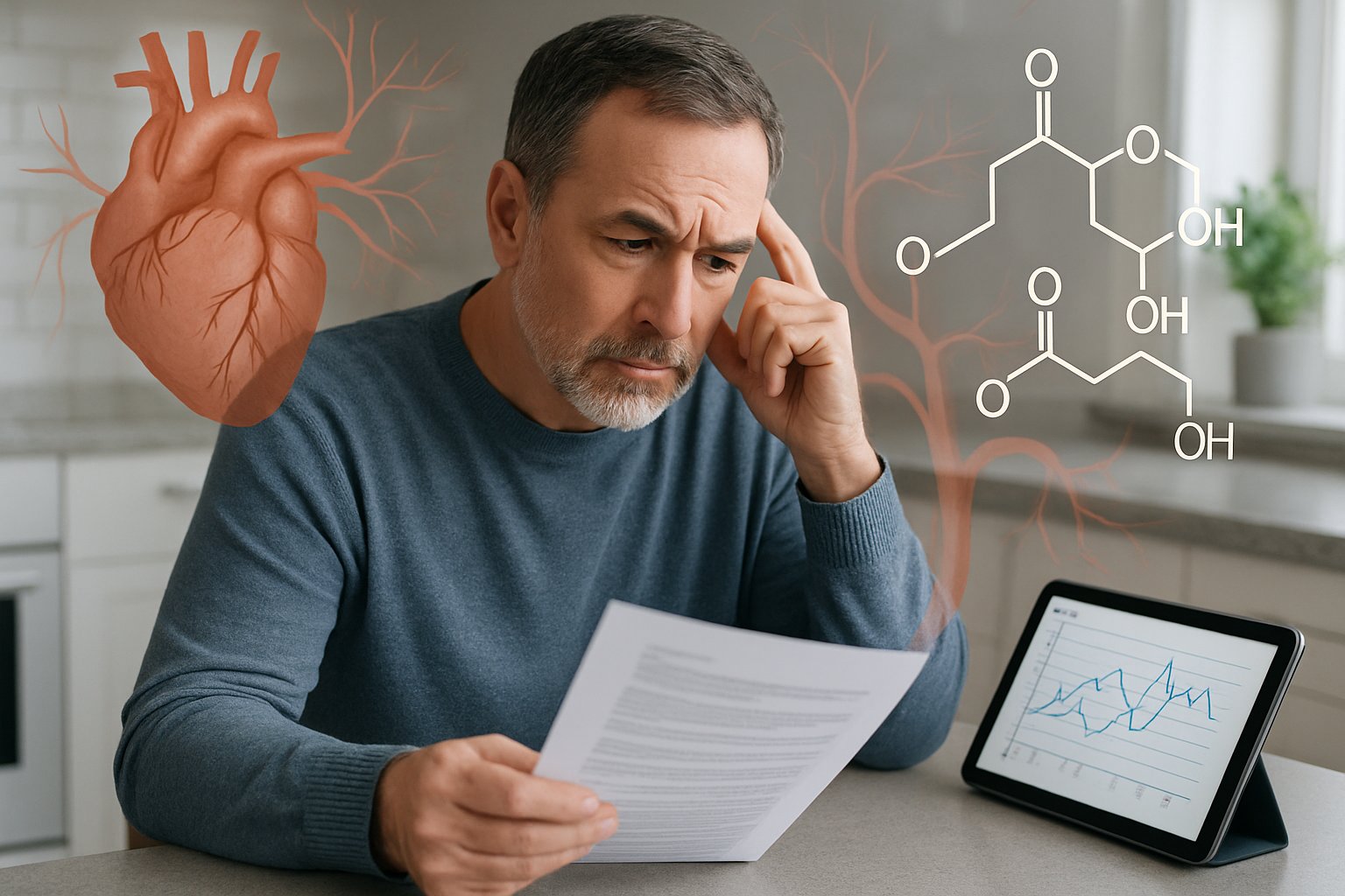 v2-13a9fj-ndb3d - Preventive Medicine Daily A middle-aged man sitting at a kitchen table reviewing medical documents and a tablet showing health charts, with subtle graphics of a heart and blood vessels around him.