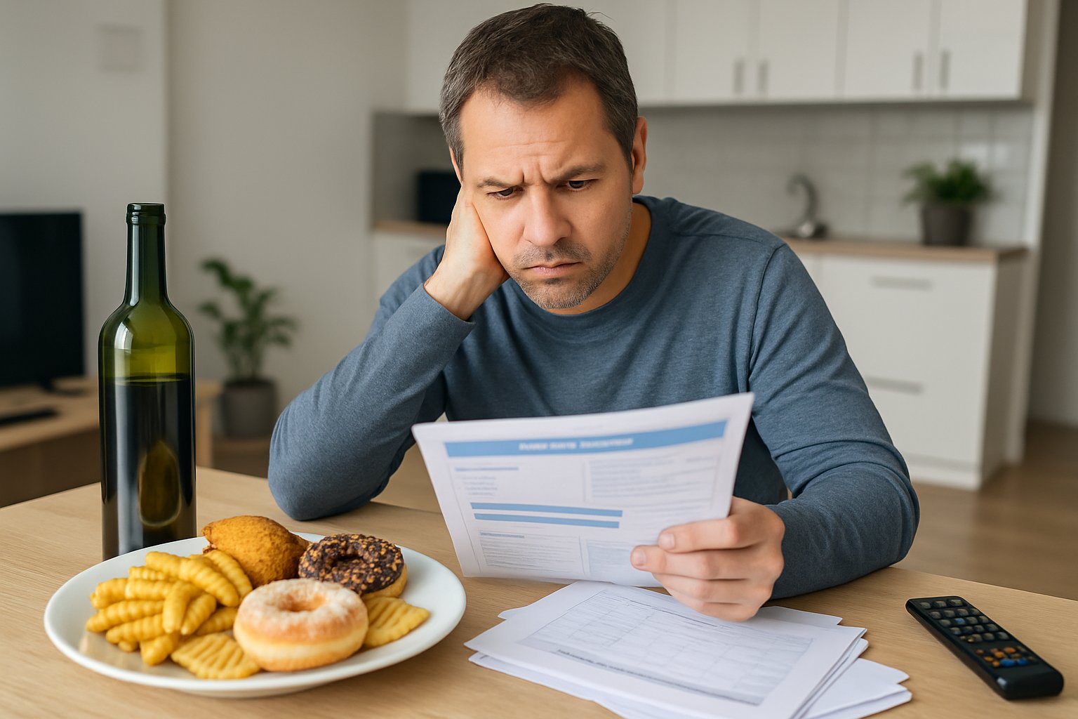 v2-13a9gc-sytj7 - Preventive Medicine Daily A middle-aged adult sitting at a kitchen table surrounded by unhealthy foods, alcohol, cigarettes, and stress-related items, looking concerned while reviewing a health report.