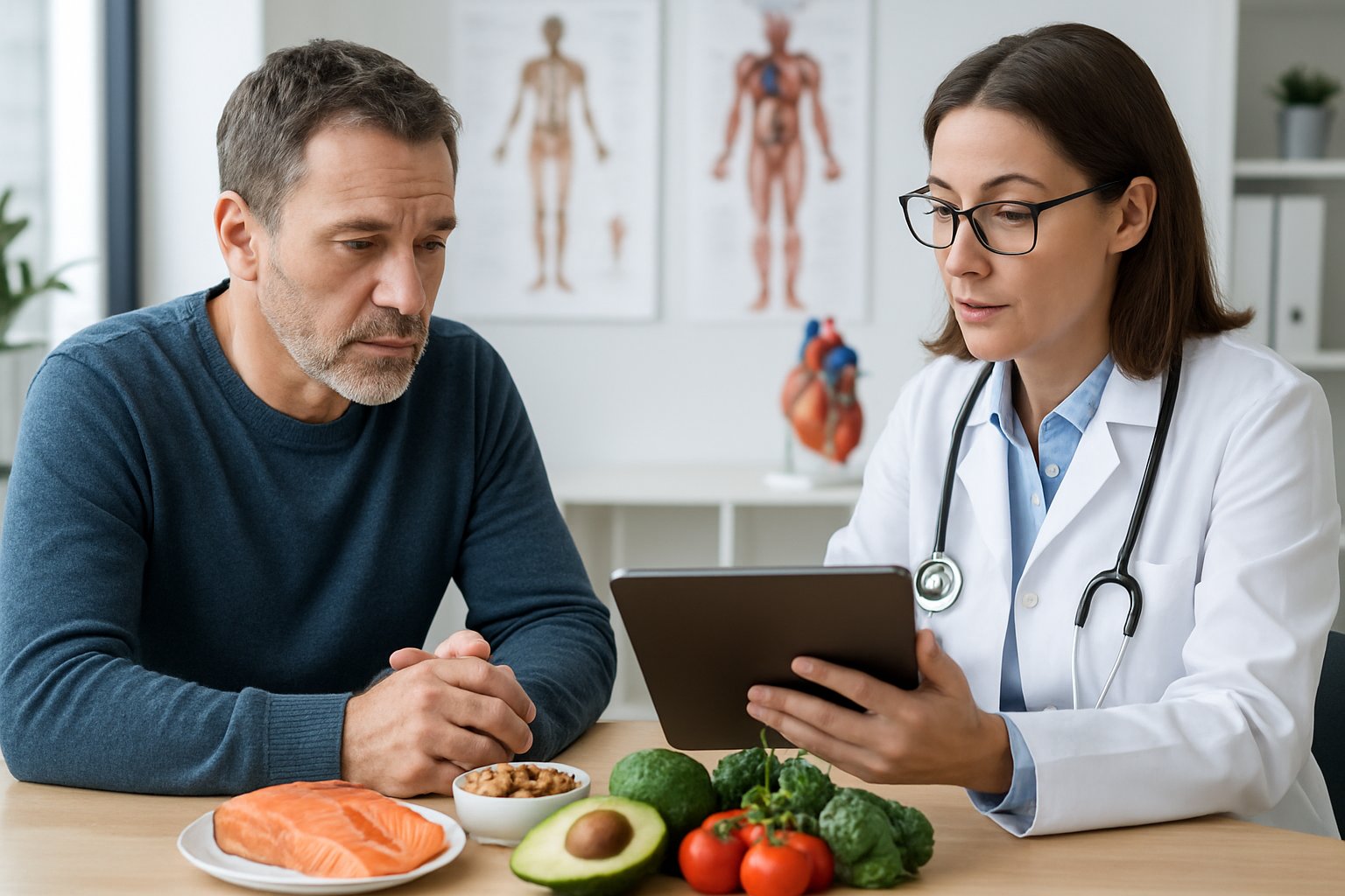 v2-13a9h8-txjsn - Preventive Medicine Daily A man consulting a doctor in a medical office with healthy foods and heart model visible on the desk.