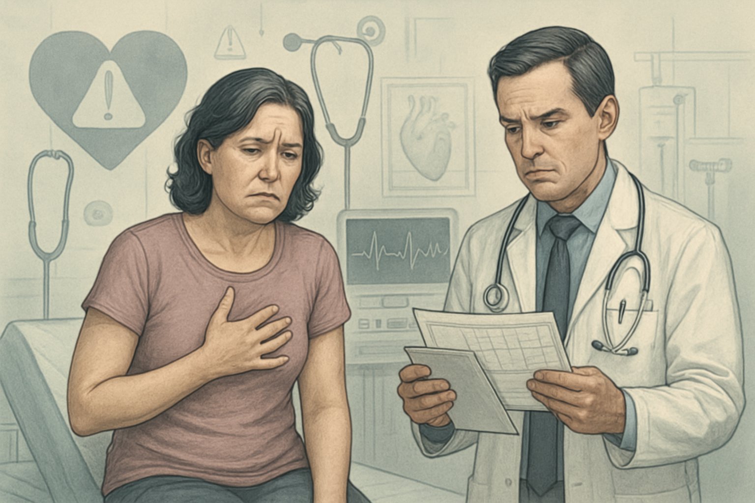 v2-13bg6s-d476q - Preventive Medicine Daily A female patient and a doctor in a medical exam room, with the doctor reviewing heart test results and looking concerned.